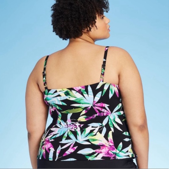 Aqua Green Tiered Leaf Print Tankini Top - Picture 2 of 8